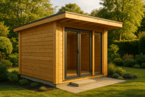 Kit studio de jardin en bois moderne installé dans un jardin vert avec éclairage de fin d'après-midi