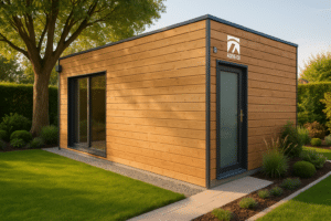 Accueil 9 Construction ossature bois moderne dans un jardin avec vue sur la structure et l'environnement paysager