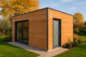 Garage en ossature bois moderne dans un jardin paysagé avec lumière de fin d’après-midi
