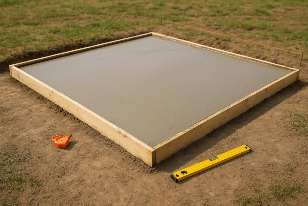 Votre checklist essentielle pour réussir un abri de jardin bois sans surprises 1 Fondation en dalle béton prête pour installation d’un abri de jardin bois