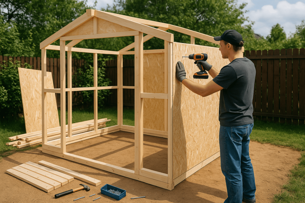 Votre checklist essentielle pour réussir un abri de jardin bois sans surprises 2 Montage en cours d’un abri de jardin bois en kit, ossature bois et panneaux visibles