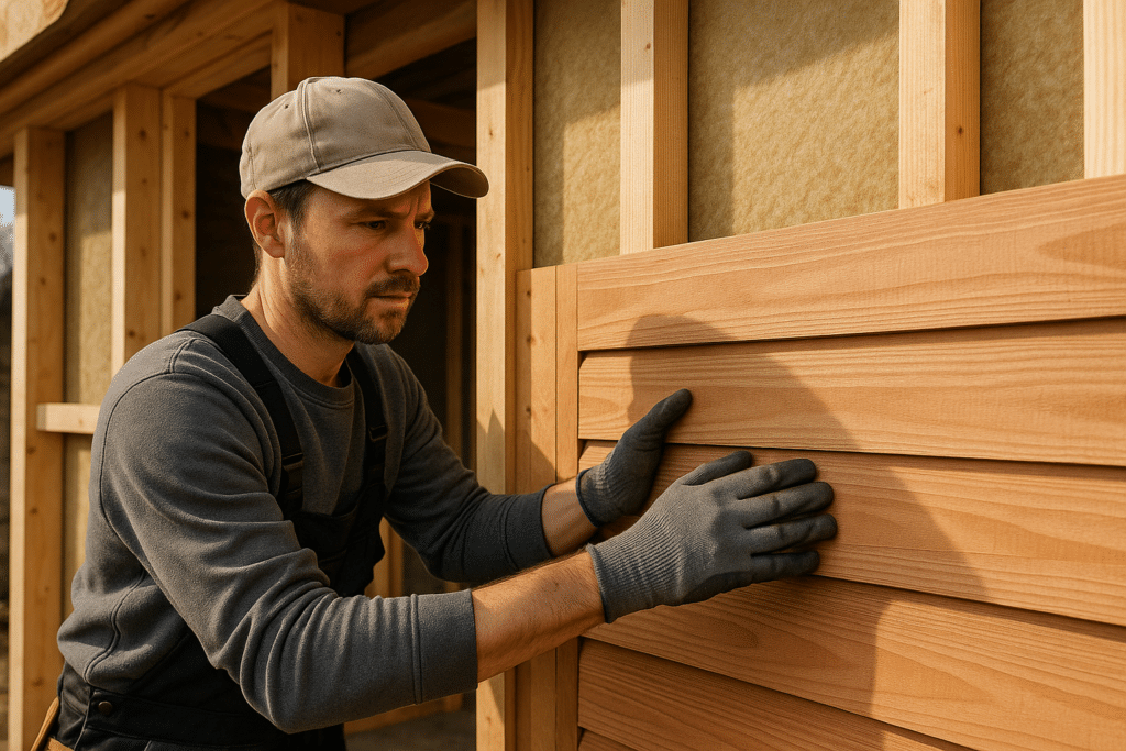 Comment réussir votre projet avec un kit studio de jardin en bois 2 Artisan posant un kit studio de jardin en bois en cours de montage