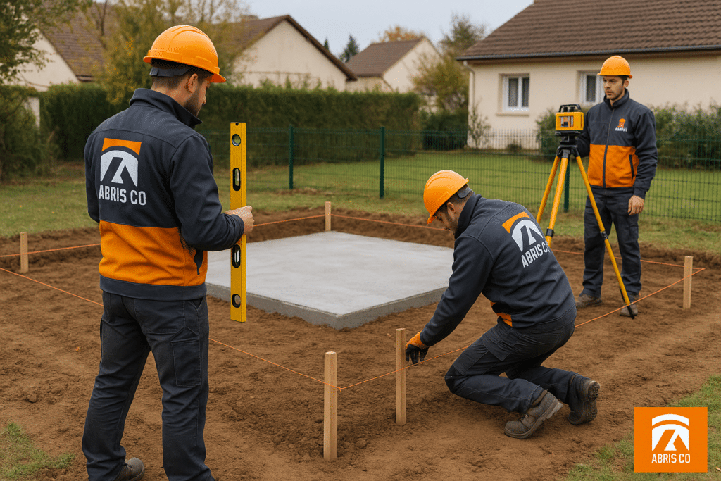 Quand diagnostiquer la viabilité de votre garage ossature bois ? 1 Préparation des fondations d'un garage ossature bois avec équipement de chantier et implantation