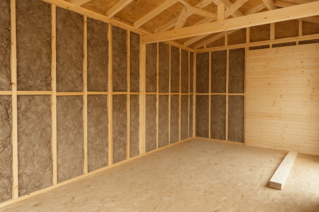 Quand diagnostiquer la viabilité de votre garage ossature bois ? 2 Intérieur de garage ossature bois en cours d’isolation et montage de la charpente