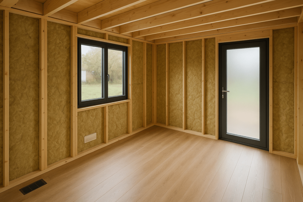 Intérieur de studio de jardin en bois avec dalle béton et ventilation