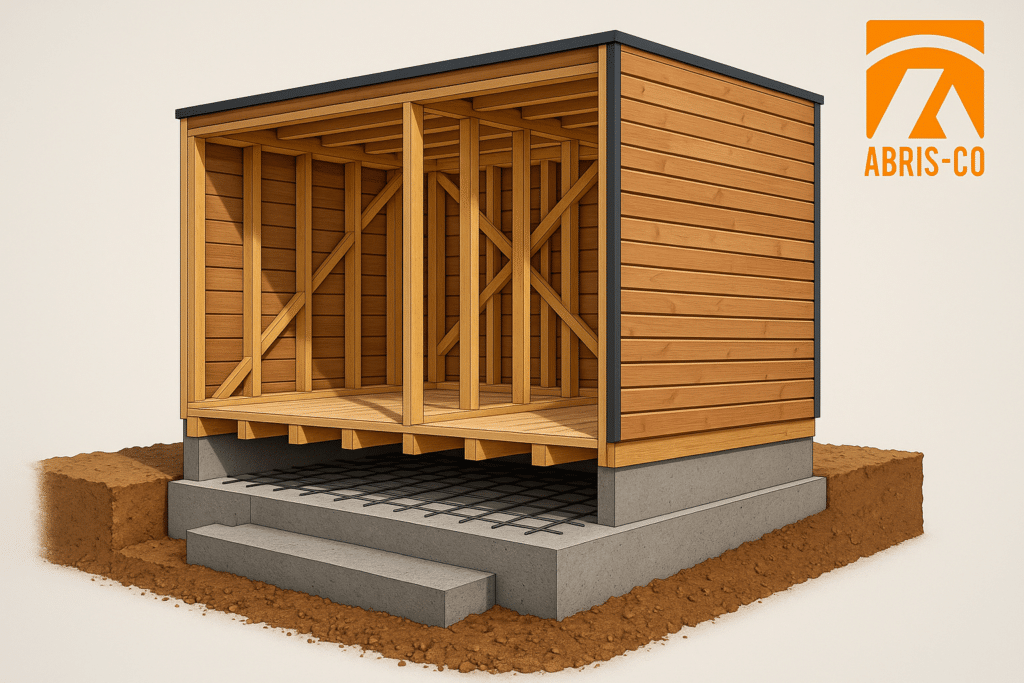 Schéma en coupe montrant fondation en béton pour tiny house bois