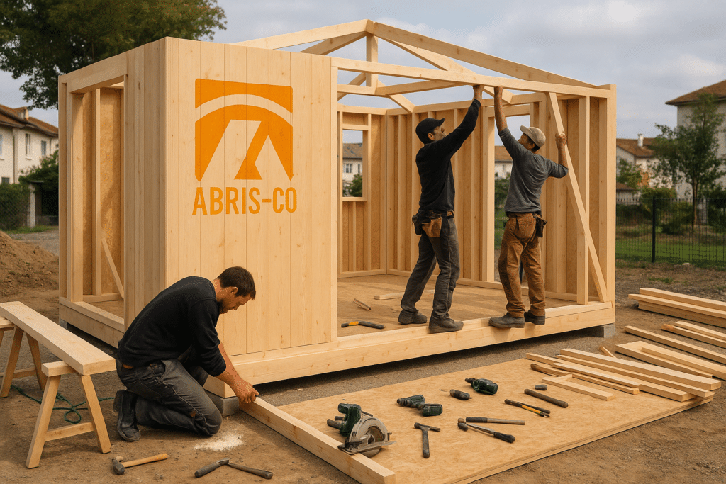 Artisans assemblant la structure ossature bois d’une tiny house en kit sur chantier