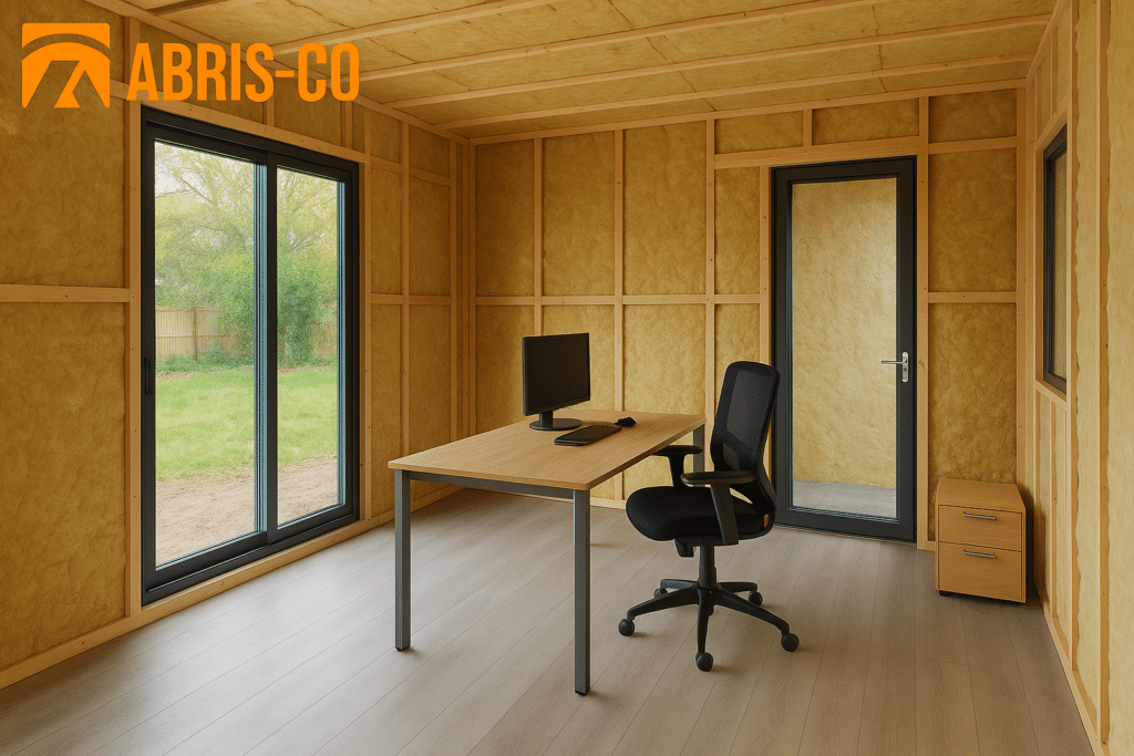 Intérieur isolé d’un bureau de jardin en bois avec mobilier de travail
