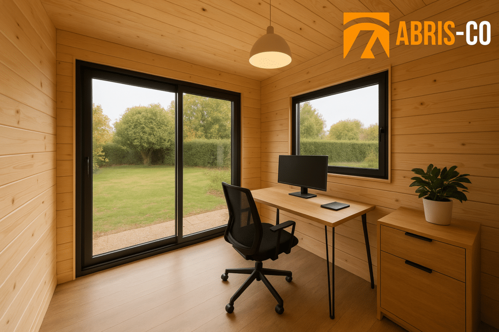 Tout ce qu’il faut savoir sur la construction bois en Franche-Comté 2 Intérieur de bureau de jardin en ossature bois en Franche-Comté