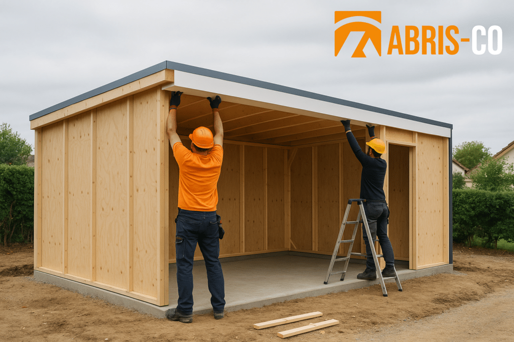 Montage de la structure ossature bois d'un kit garage bois en cours