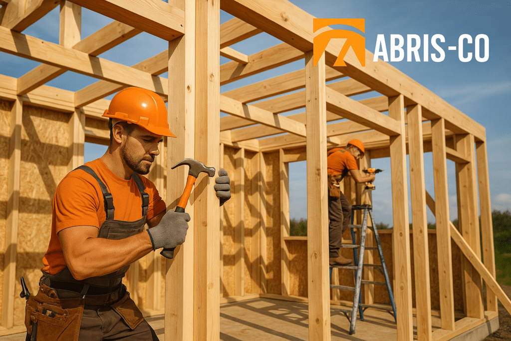 Pose d'une ossature bois sur chantier avec artisans