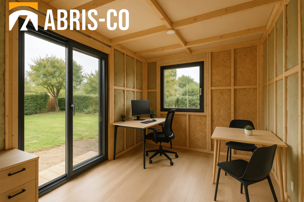 Intérieur lumineux bureau de jardin ossature bois moderne