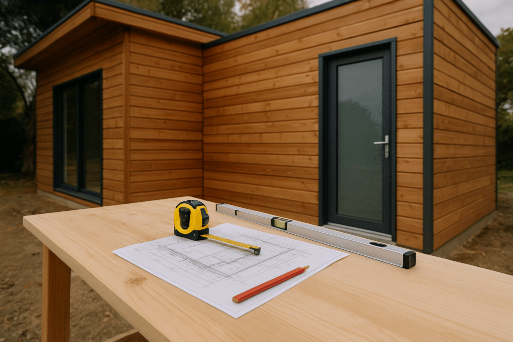 Détail d’un chantier d’autoconstruction bois avec bardage posé et plans techniques