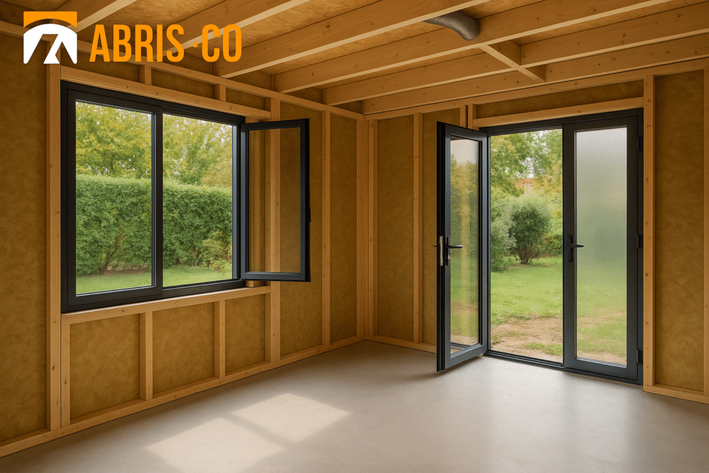 Intérieur d’un studio de jardin bois en cours de finition, isolation et ventilation visibles
