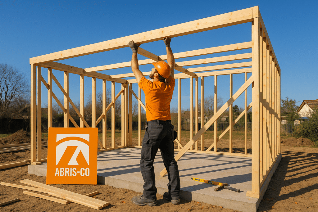 Réussir votre déclaration préalable pour un studio de jardin en bois en 2026 2 Montage de la charpente d’un studio de jardin ossature bois