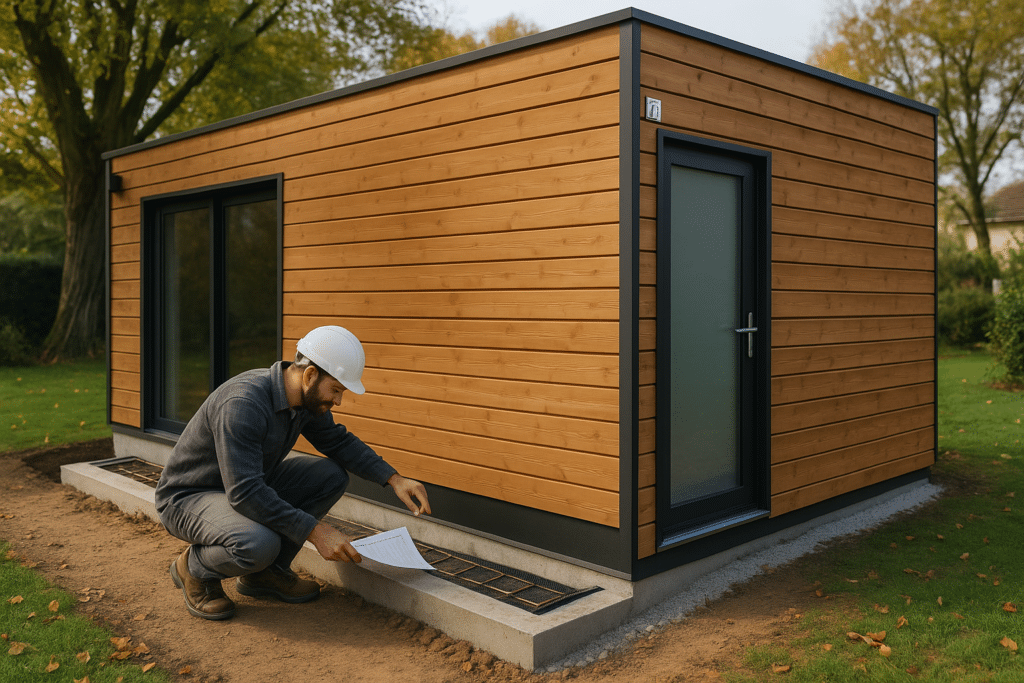 Fondations en béton pour garage ossature bois en cours de contrôle sur chantier