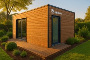 Accueil 9 Garage ossature bois bien entretenu dans un jardin, lumière naturelle mettant en valeur la qualité du bois et l’intégration paysagère