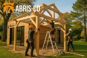 Projet d'autoconstruction en ossature bois en cours dans un jardin, vue de la structure bois et de la charpente avec des artisans au travail