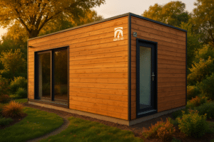 Studio de jardin en bois moderne intégré dans un jardin verdoyant avec une belle finition en bardage bois naturel