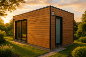 Accueil 9 Construction ossature bois contemporaine en situation jardin avec lumière douce dorée