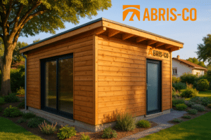 Garage ossature bois de fabrication française intégré dans un jardin résidentiel