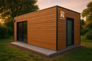 Accueil 9 Studio de jardin en bois avec fondations en béton dans un jardin paysager au coucher de soleil