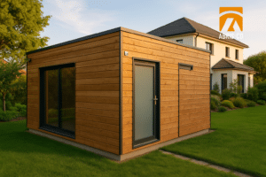 Garage ossature bois moderne dans un jardin verdoyant avec maison contemporaine en arrière-plan