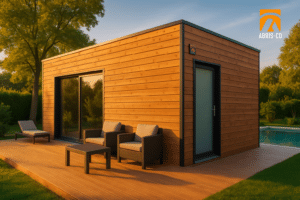 Pool house bois contemporain en situation dans un jardin avec terrasse et piscine