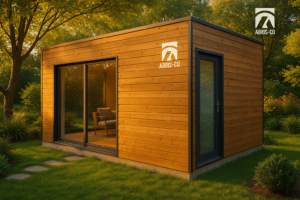 Accueil 10 Studio de jardin en ossature bois moderne intégré dans un jardin verdoyant sous une lumière dorée