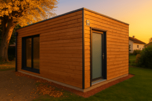 Studio de jardin en bois dans un jardin paysager français à la golden hour