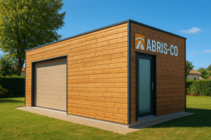 Accueil 9 Garage en bois moderne ossature bois dans un jardin résidentiel français, avec bardage et toiture visibles, sous lumière naturelle claire