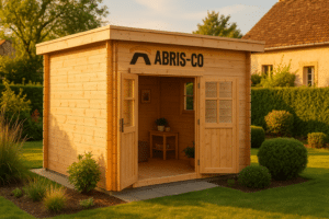 Abri de jardin en bois installé dans un jardin sous lumière douce, finition soignée et intégration paysagère harmonieuse