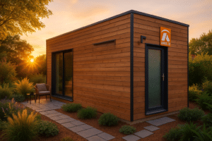 Accueil 9 Tiny house bois moderne installée dans un jardin paysager avec éclairage naturel chaleureux au coucher du soleil