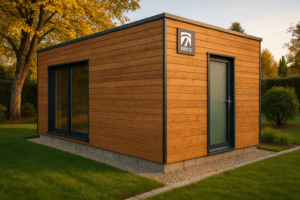 Bureau de jardin en bois ossature bois dans un jardin suisse, avec vue sur la toiture et le bardage naturel