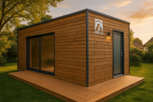 Accueil 9 Studio de jardin en bois placé dans un jardin verdoyant avec terrasse en bois et grande baie vitrée