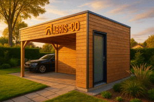 Carport bois moderne installé dans un jardin français, mettant en valeur la structure en bois et l’intégration paysagère.