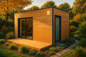 Chambre indépendante en ossature bois au cœur d’un jardin verdoyant, intégration parfaite et ambiance chaleureuse en fin de journée