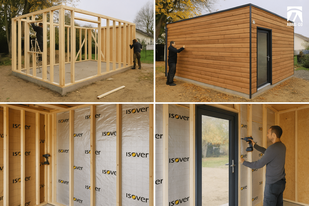 Montage du kit studio de jardin en bois avec ossature, bardage et menuiseries.