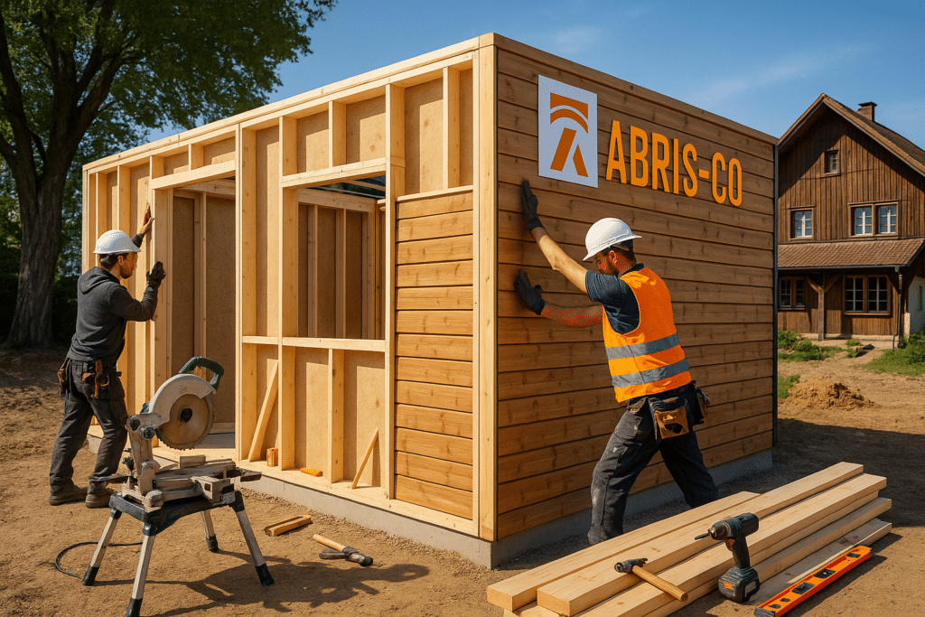 Ce qu’il faut savoir avant d’acheter un kit studio de jardin en bois 2 Montage d’un kit studio de jardin ossature bois avec artisans au travail
