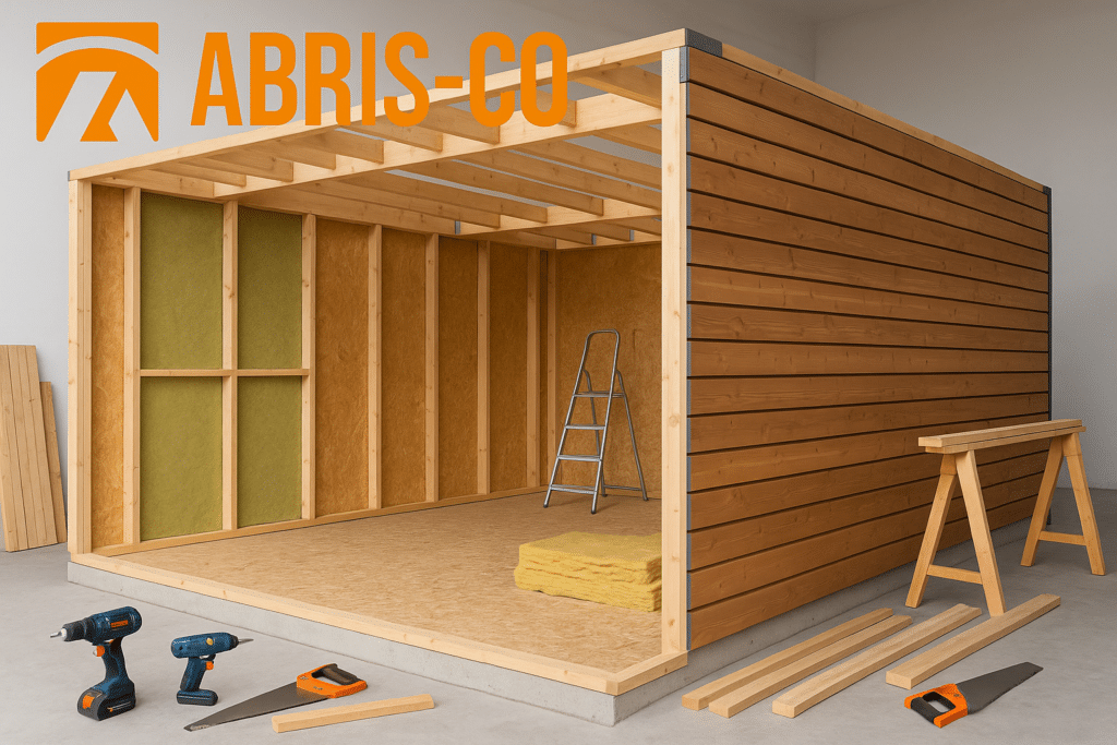 Chantier de montage de garage ossature bois, étapes de pose du bardage et de la charpente