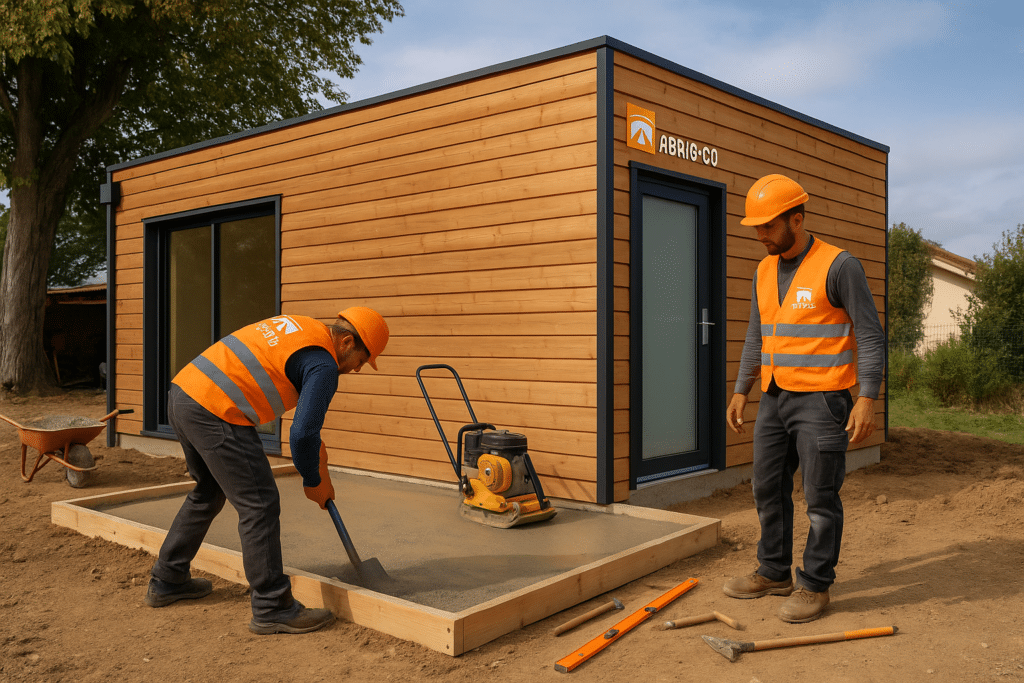 Pose des fondations en dalle béton pour un bureau de jardin en bois