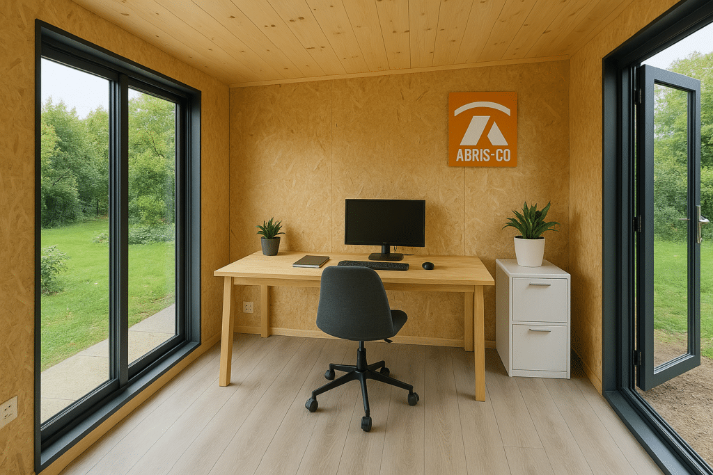 Intérieur de bureau de jardin en bois, lumineux et bien isolé