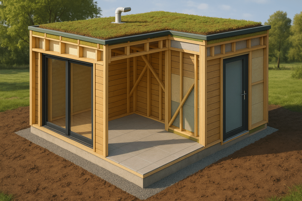 Tendances 2026 : choisir un fabricant kit ossature bois en Suisse 2 Plan 3D détaillé d’un pool house ossature bois en kit avec isolation et fondations