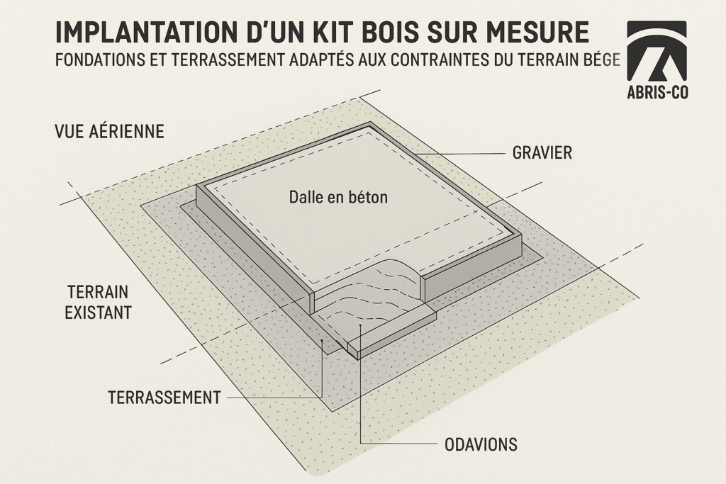 Plan d'implantation avec fondations et terrassement pour kit ossature bois en Belgique