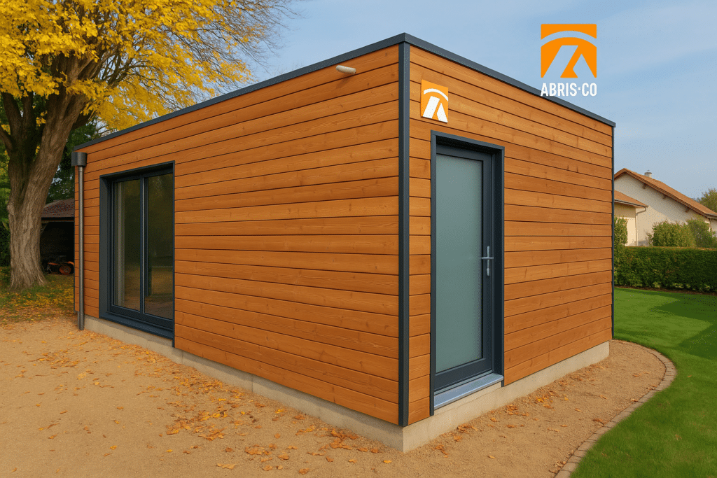 Carport bois avec toiture et bardage visibles, posé sur fondations solides à côté d’une maison.