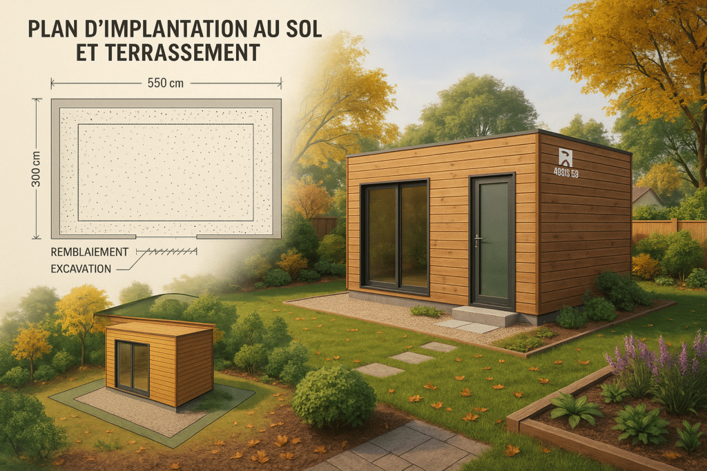 Plan d’implantation et terrassement pour studio de jardin en ossature bois