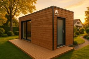 Chambre indépendante en bois dans un jardin suisse, bardage naturel et terrasse bois à la golden hour