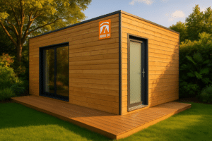 Garage ossature bois moderne en situation dans un jardin circulaire avec terrasse en bois, sous lumière dorée
