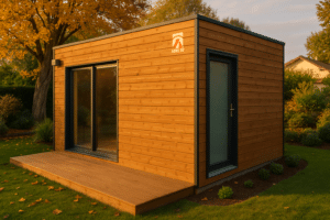 Kit studio de jardin en bois installé dans un jardin paysager sous lumière douce, avec bardage bois et terrasse en bois.