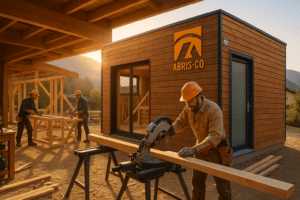 Accueil 11 Atelier moderne de fabrication en ossature bois dans le Jura avec artisans au travail sur des modules de garage et studio de jardin